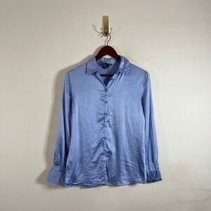 Y2K New York & CO 100% Silk Button Up Shirt Light Blue Womens Small Chic Minimal